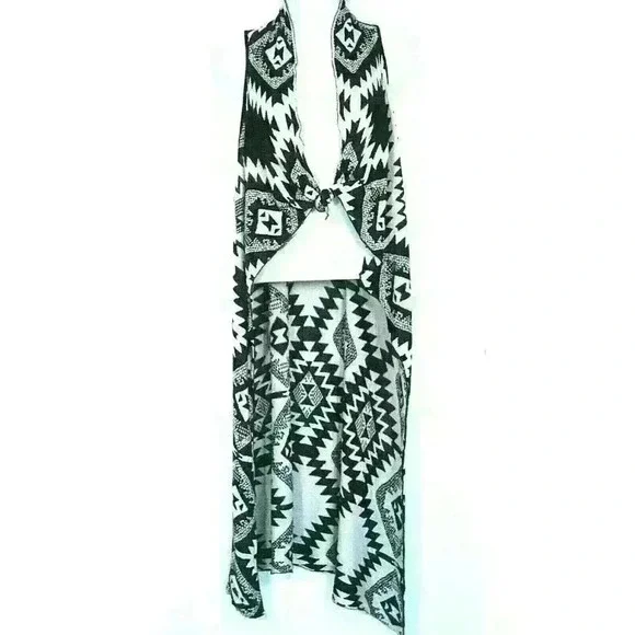 Timing duster open cardigan vest Small / Medium tribal festival black beige - Picture 9 of 9